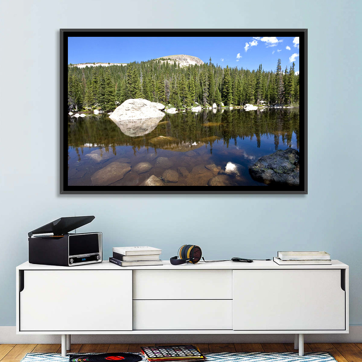 Colorado Forest Lake Reflection Wall Art in a room, landscape