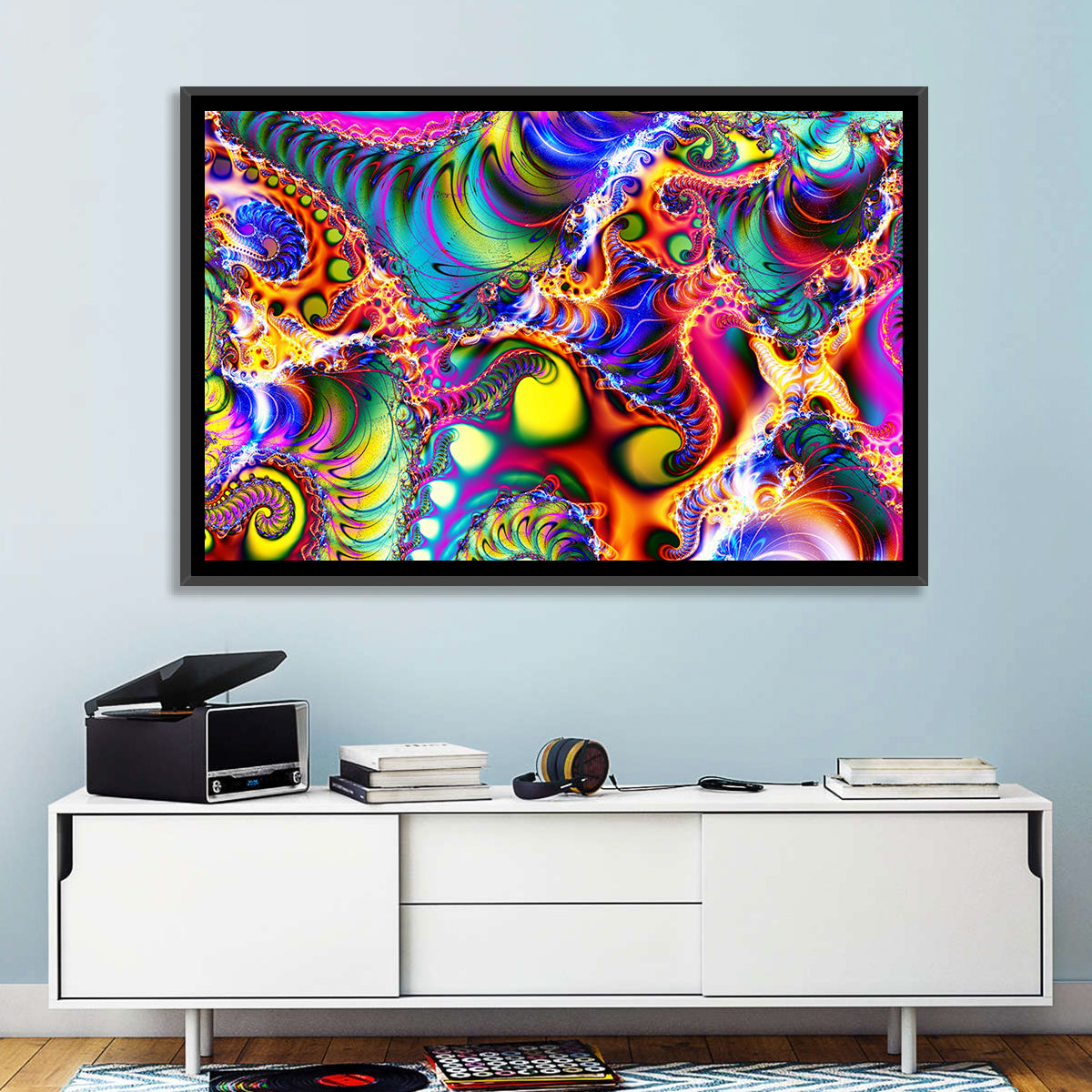 Chromatic Fractal Swirls Wall Art in a room, landscape