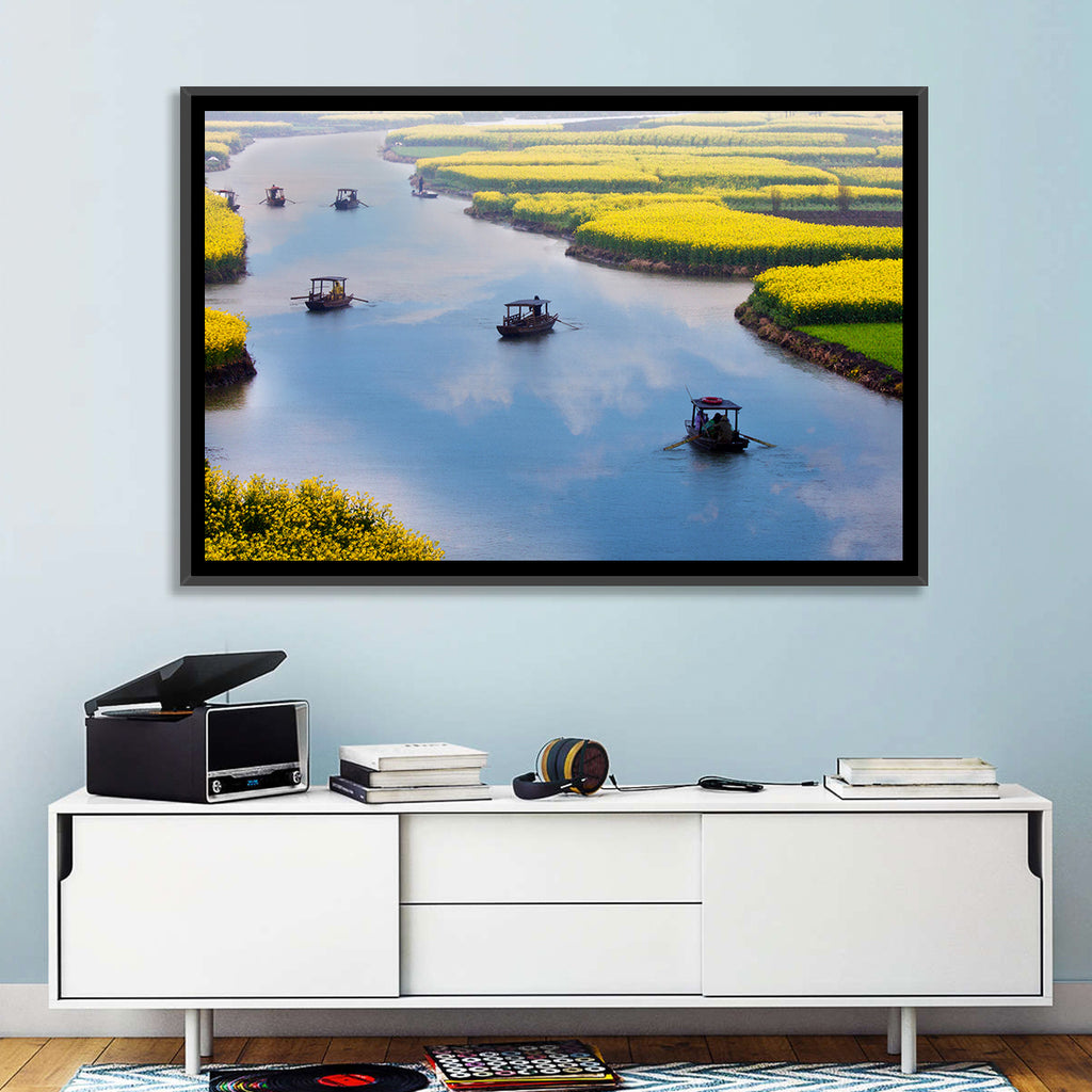 Spring River Rowboats in Rapeseed Fields Wall Art