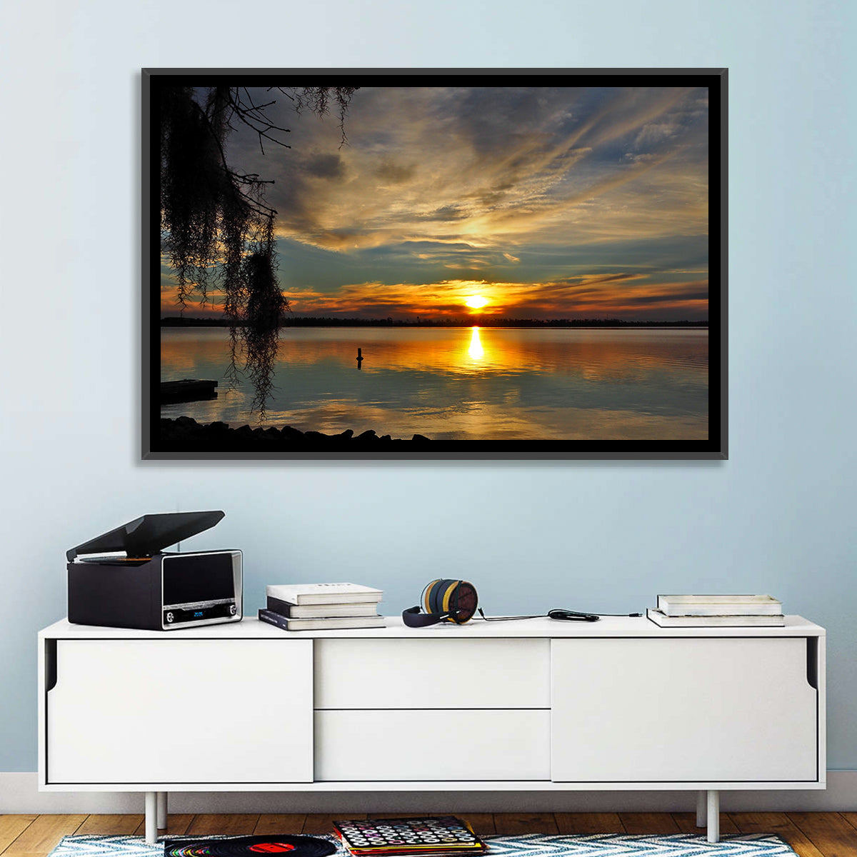 Lake Seminole Sunset Reflection Wall Art in a room, landscape