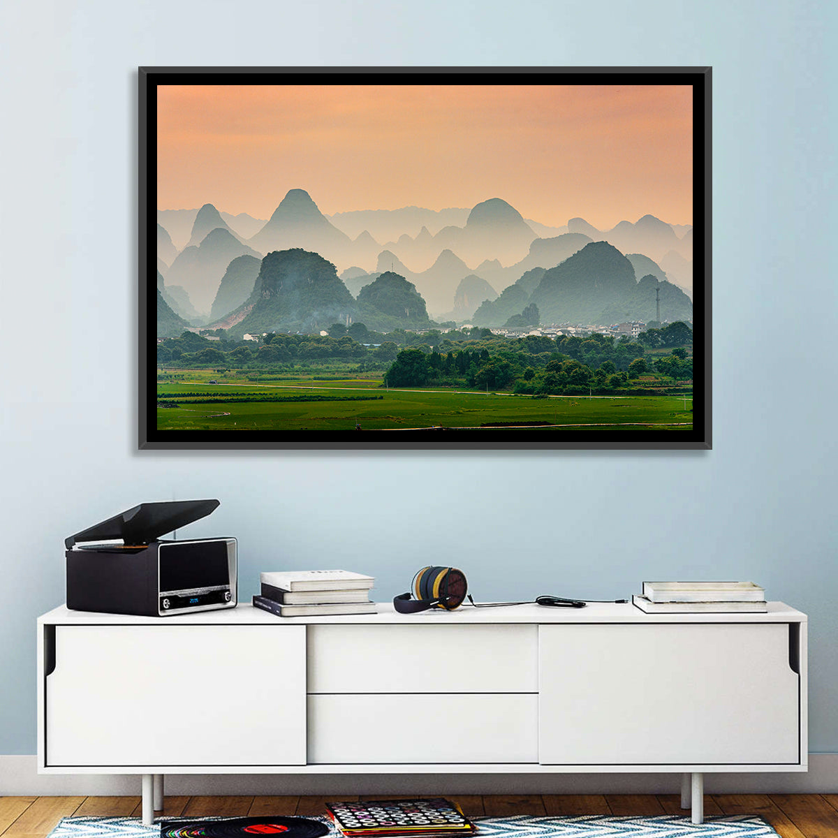 Misty Karst Mountains Wall Art in a room, landscape