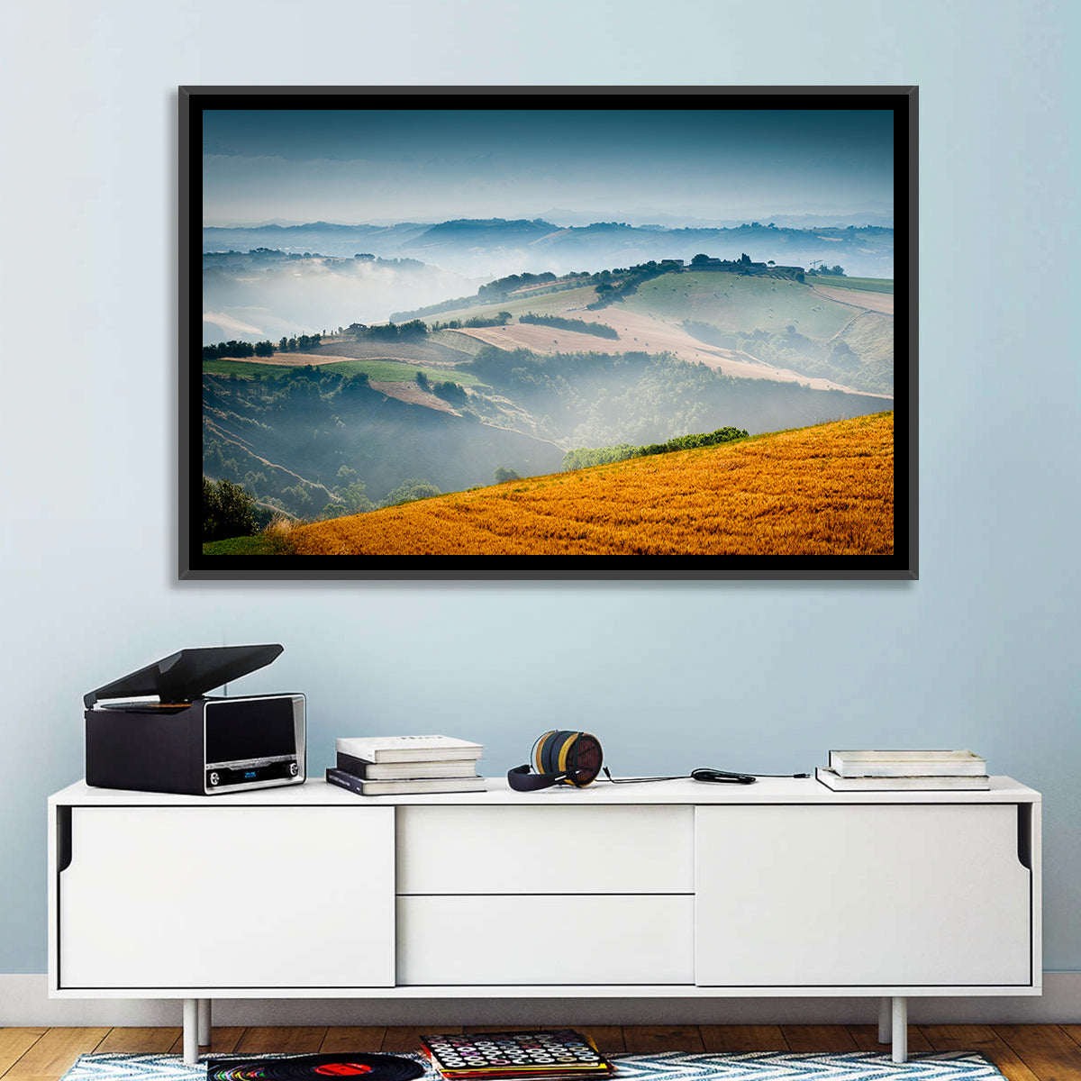 Morning Mist Over Tuscany Wall Art in a room, landscape