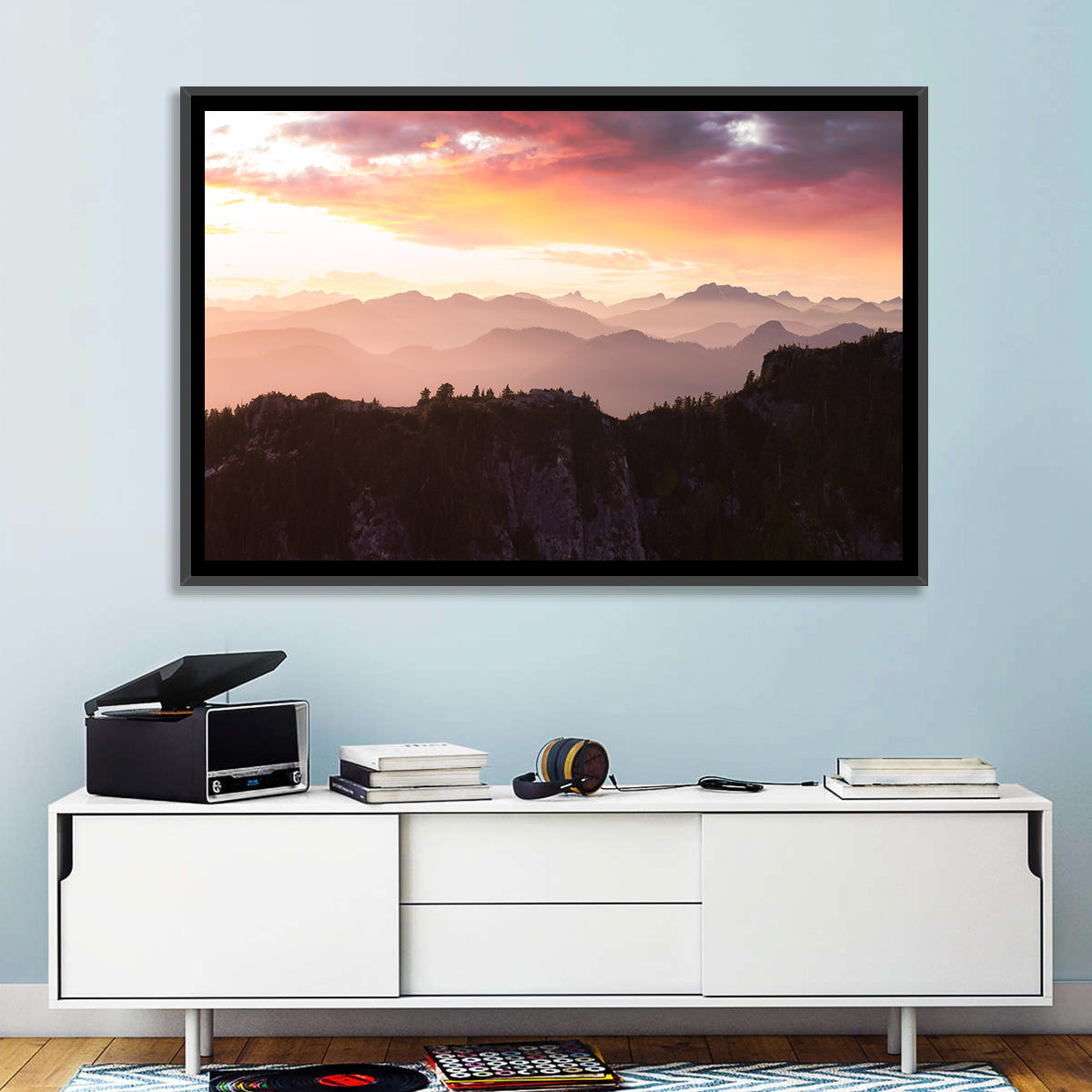 Vancouver Mountains at Sunset Wall Art in a room, landscape