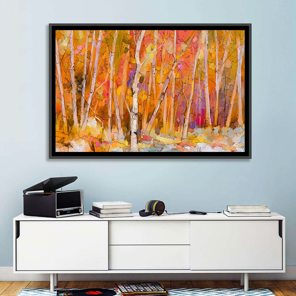 Autumn Birch Grove Painting Wall Art in a room, landscape