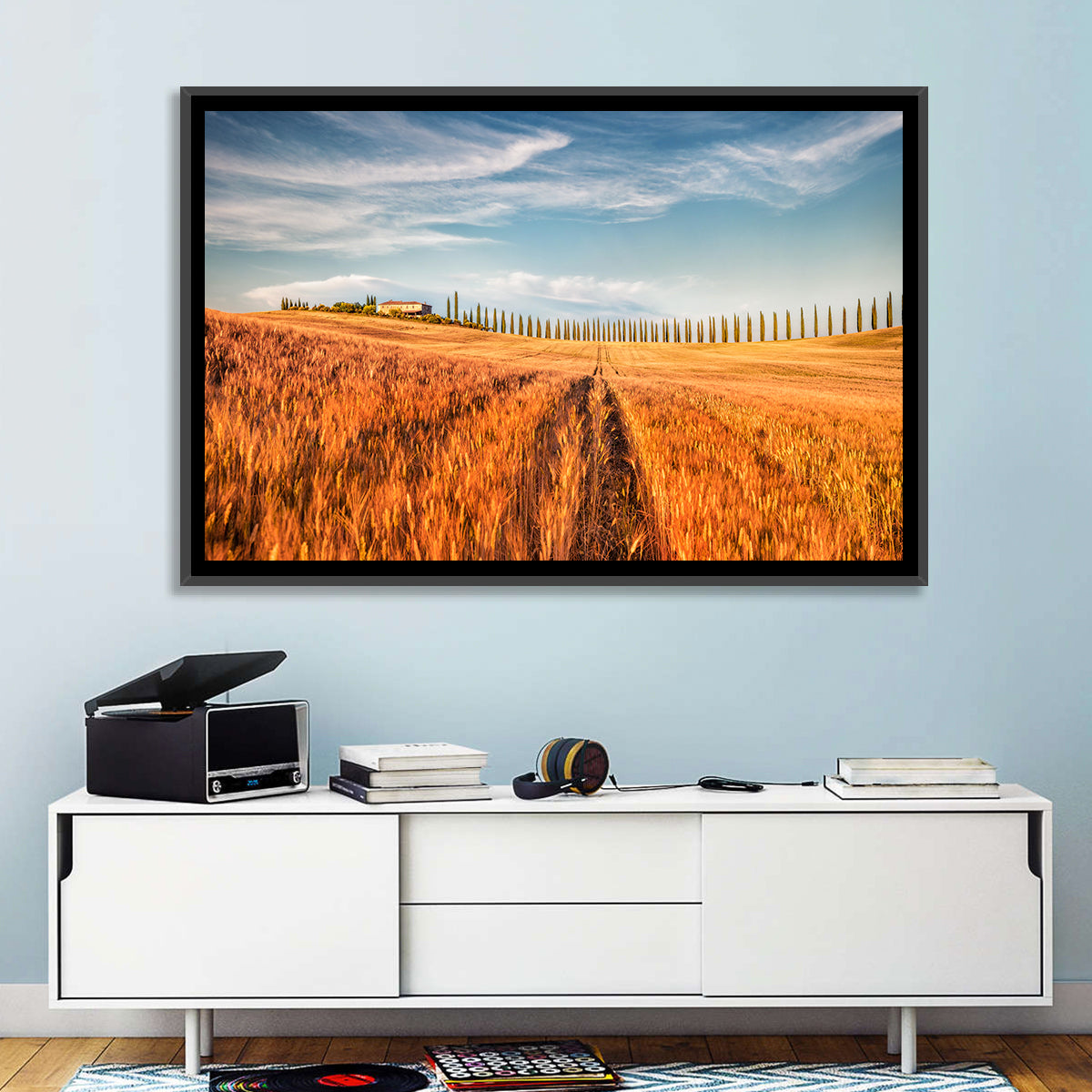 Tuscan Wheat Field Wall Art in a room, landscape