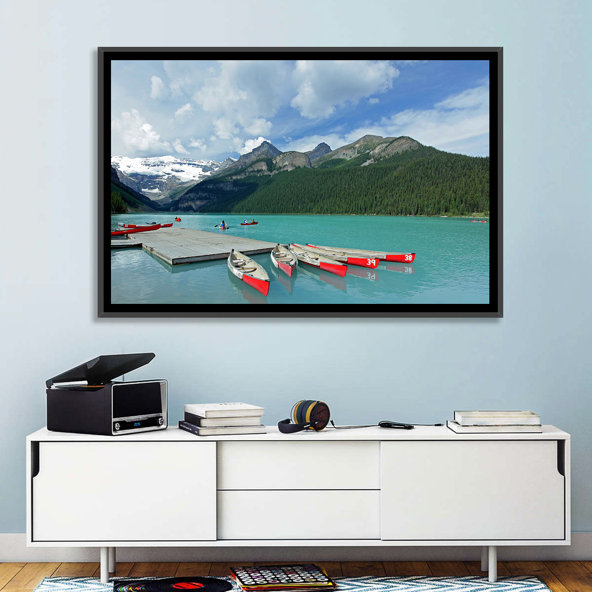 Red Canoes at Lake Louise Wall Art in a room, landscape
