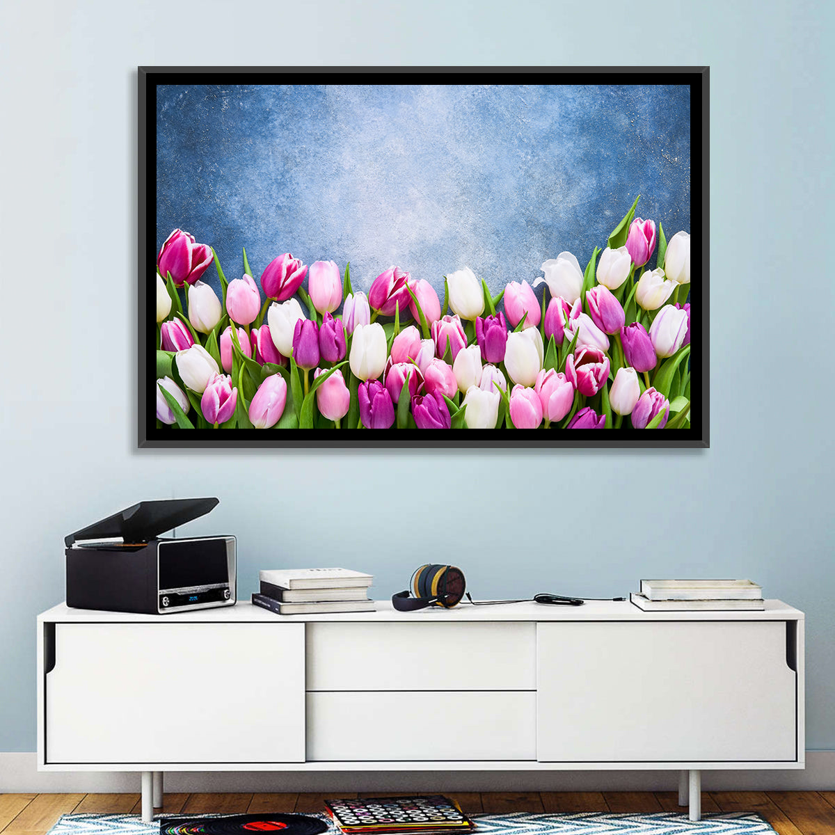 Tulips on Textured Blue Wall Art in a room, landscape