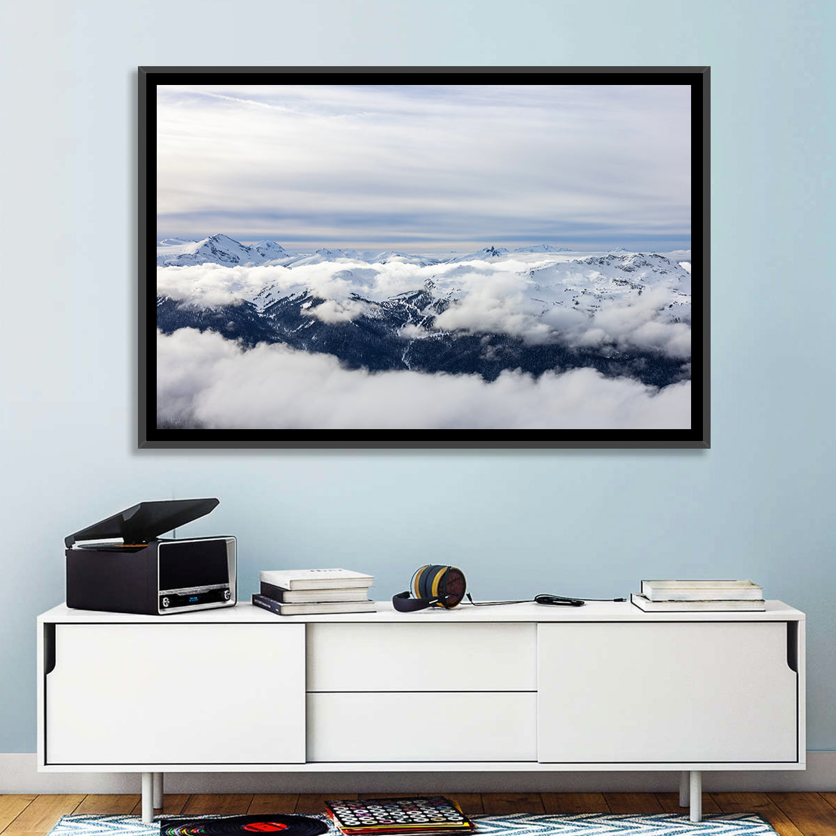 Snow-capped Whistler Peaks Wall Art in a room, landscape