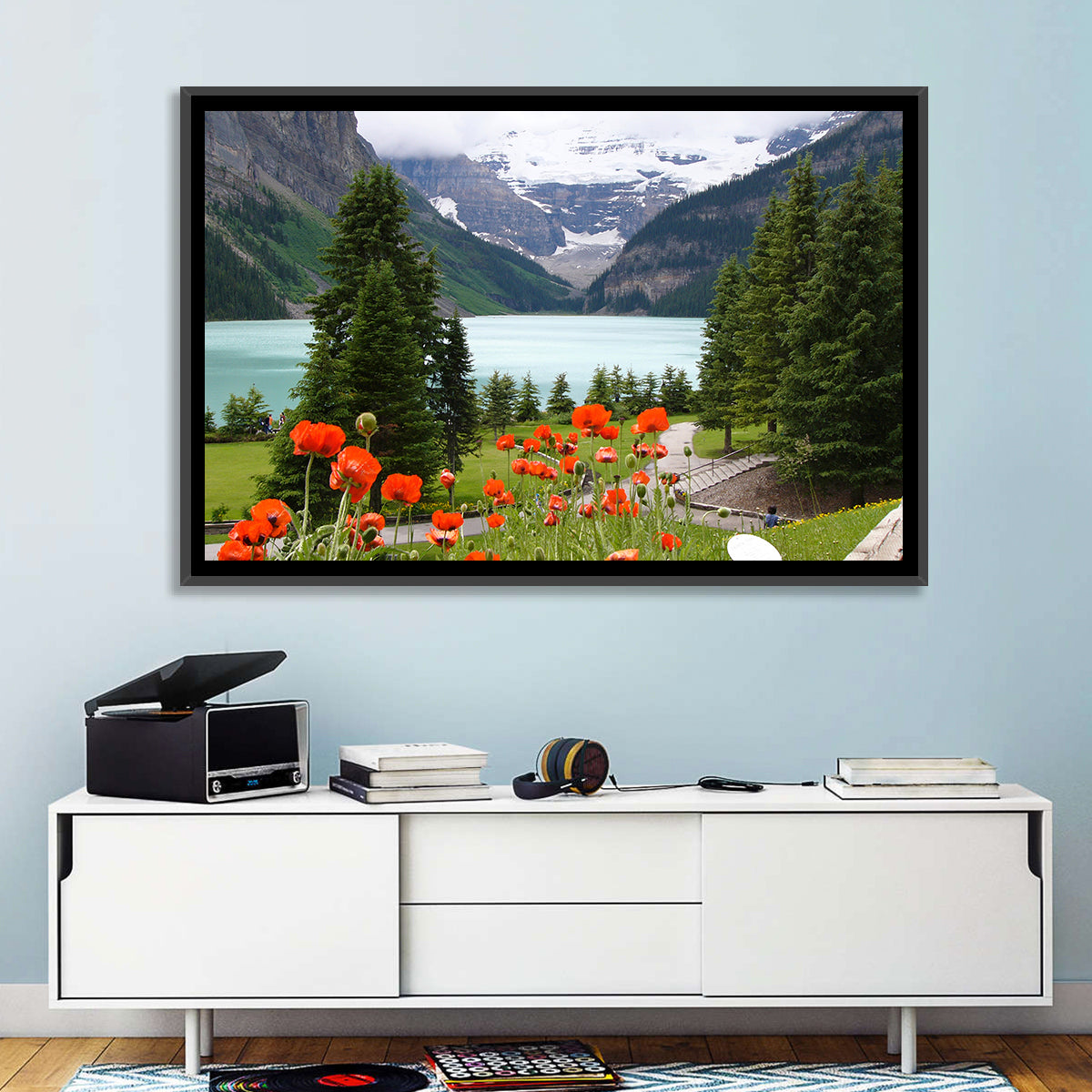 Lake Louise Poppies Wall Art in a room, landscape
