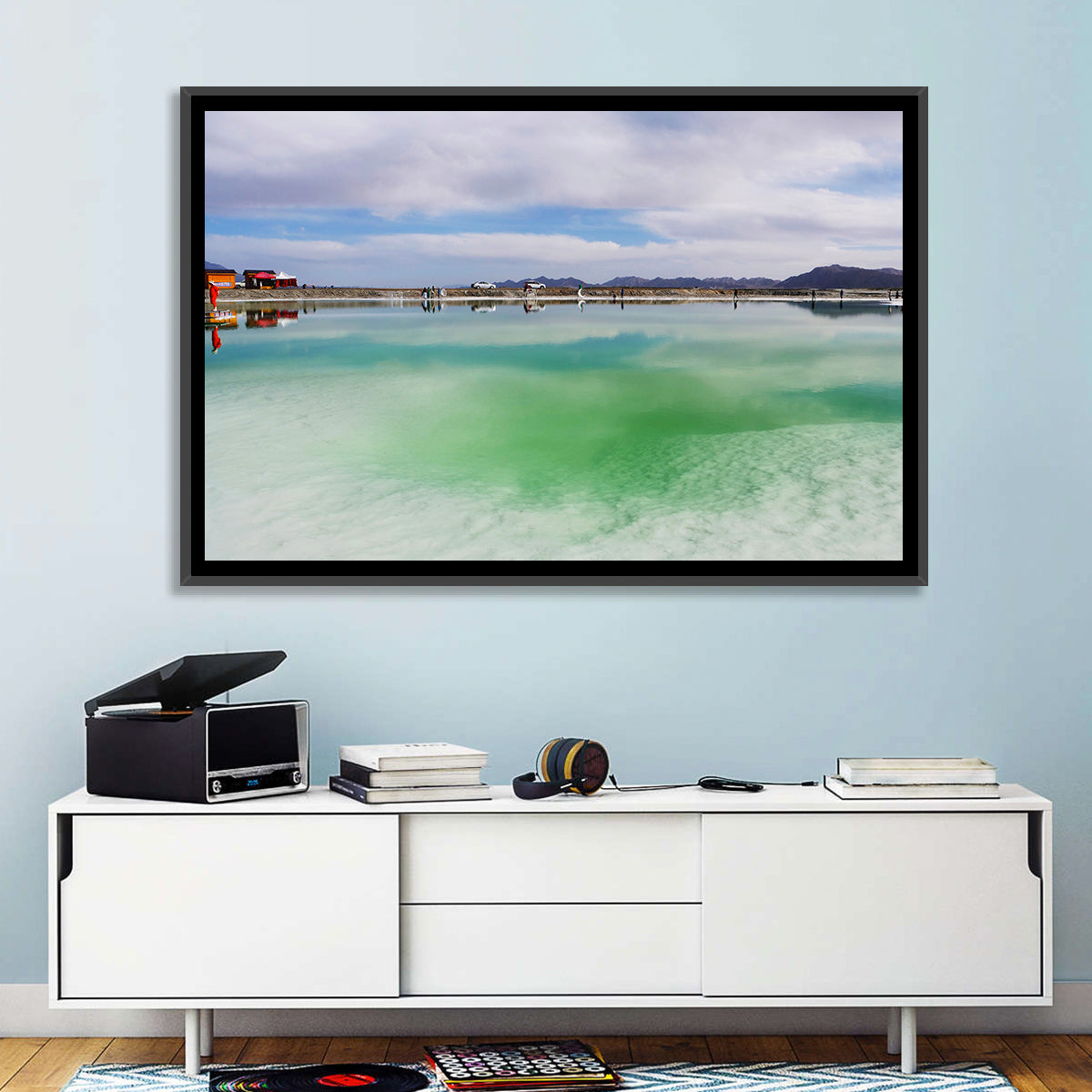 Emerald Salt Lake Wall Art in a room, landscape