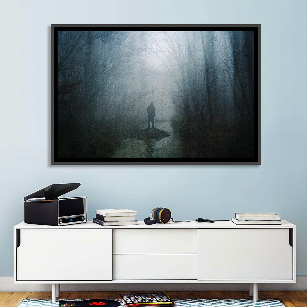Foggy Forest Pathway Wall Art in a room, landscape