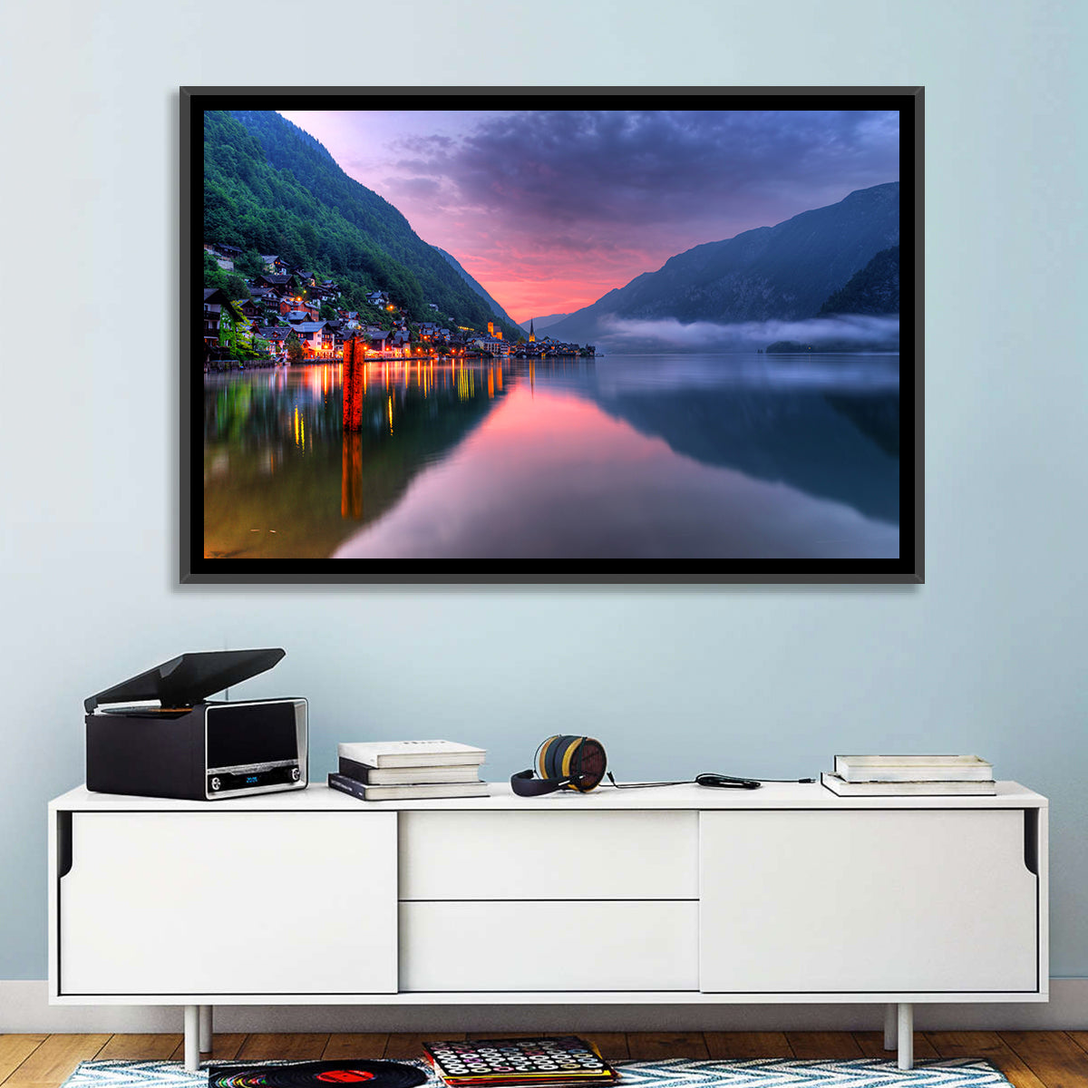 Hallstatt Mountain Village Wall Art in a room, landscape
