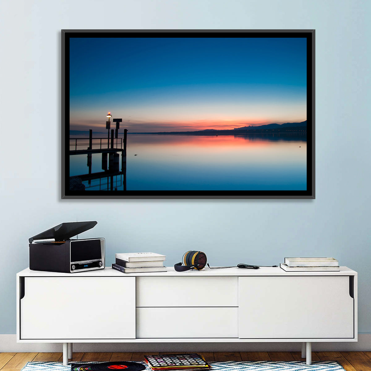 Lake Geneva Sunrise Pier Wall Art in a room, landscape