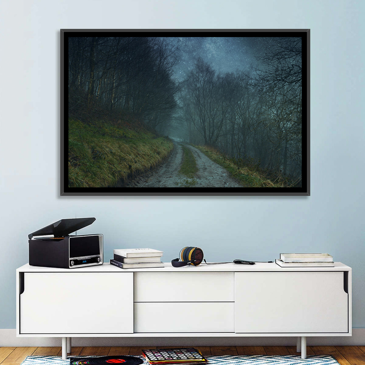 Misty Forest Pathway Wall Art in a room, landscape
