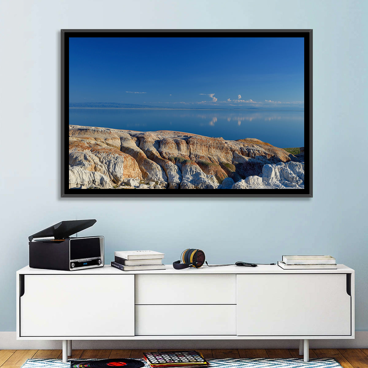 Shekelmes Tract Cliff Over Lake Wall Art in a room, landscape