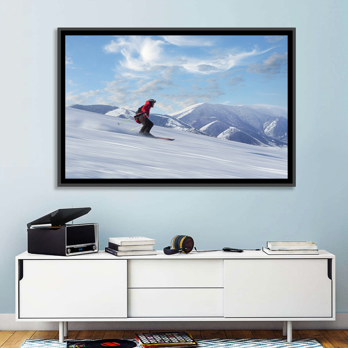 Skier on Snowy Mountain Slope Wall Art in a room, landscape
