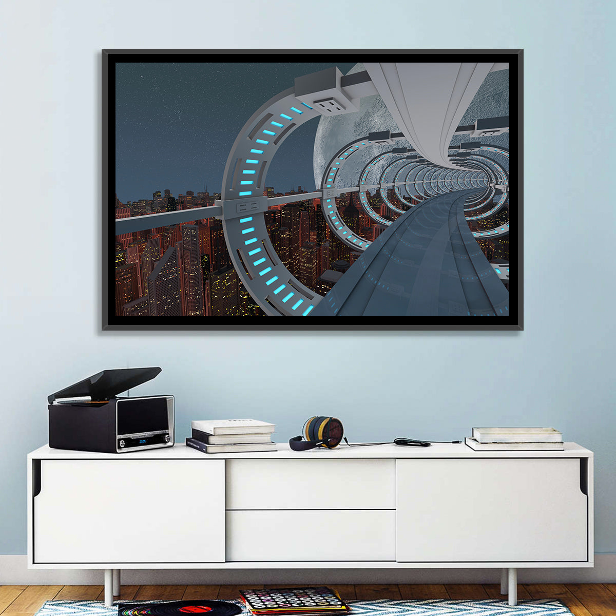 Futuristic City Tunnel with Moon Wall Art in a room, landscape