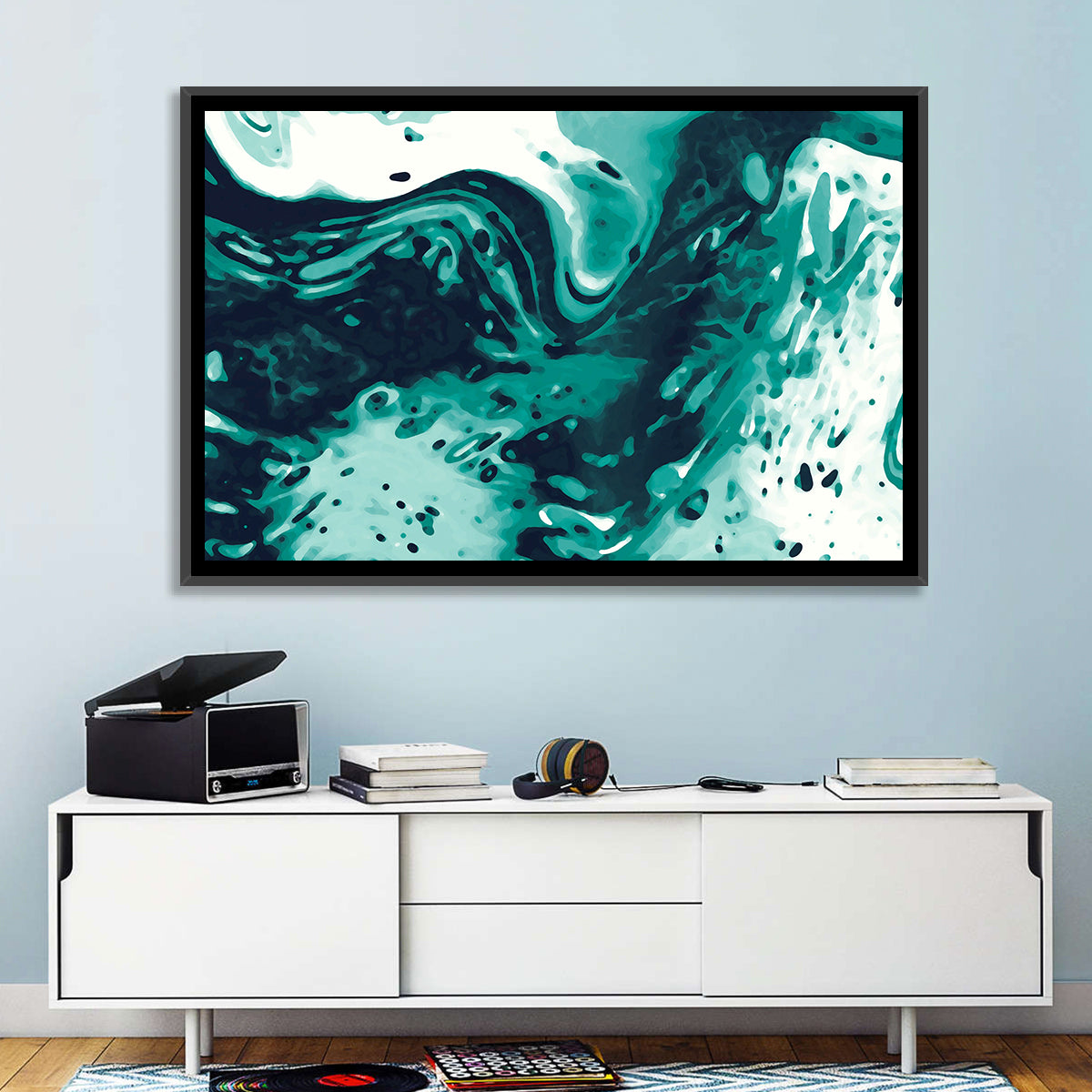 Teal Wave Abstract Wall Art in a room, landscape