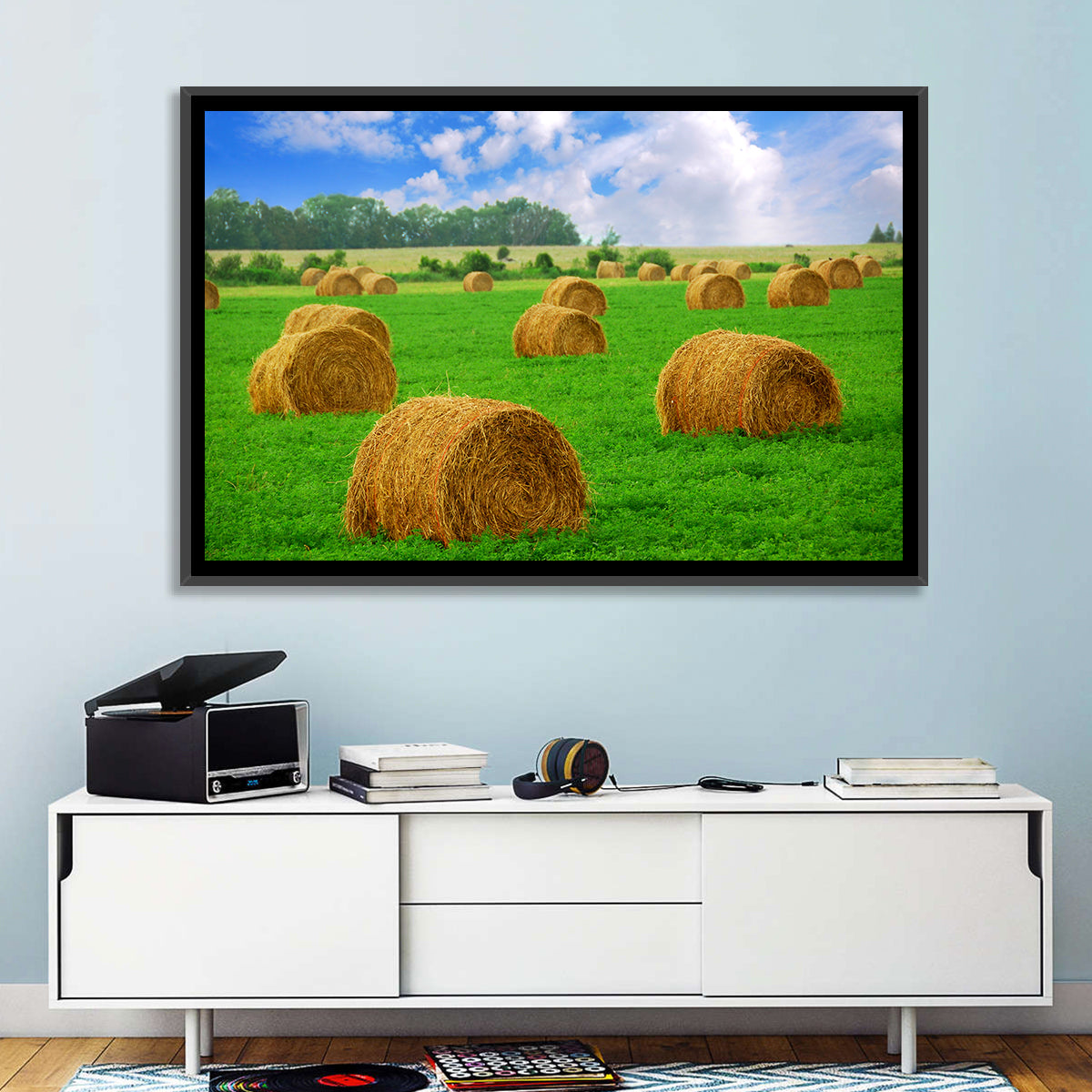 Golden Hay Bales in Green Field Wall Art in a room, landscape