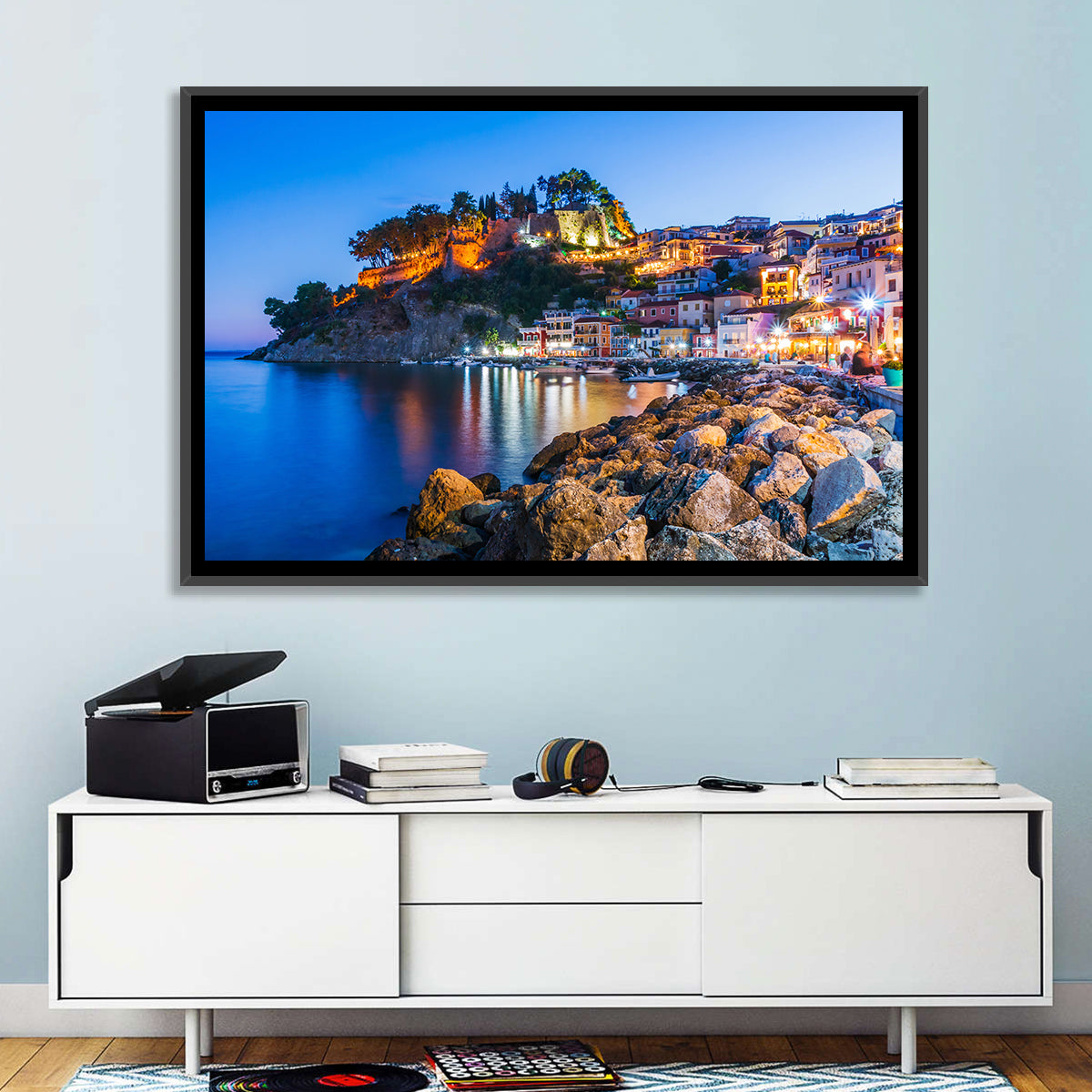 Parga Harbor at Dusk Wall Art in a room, landscape