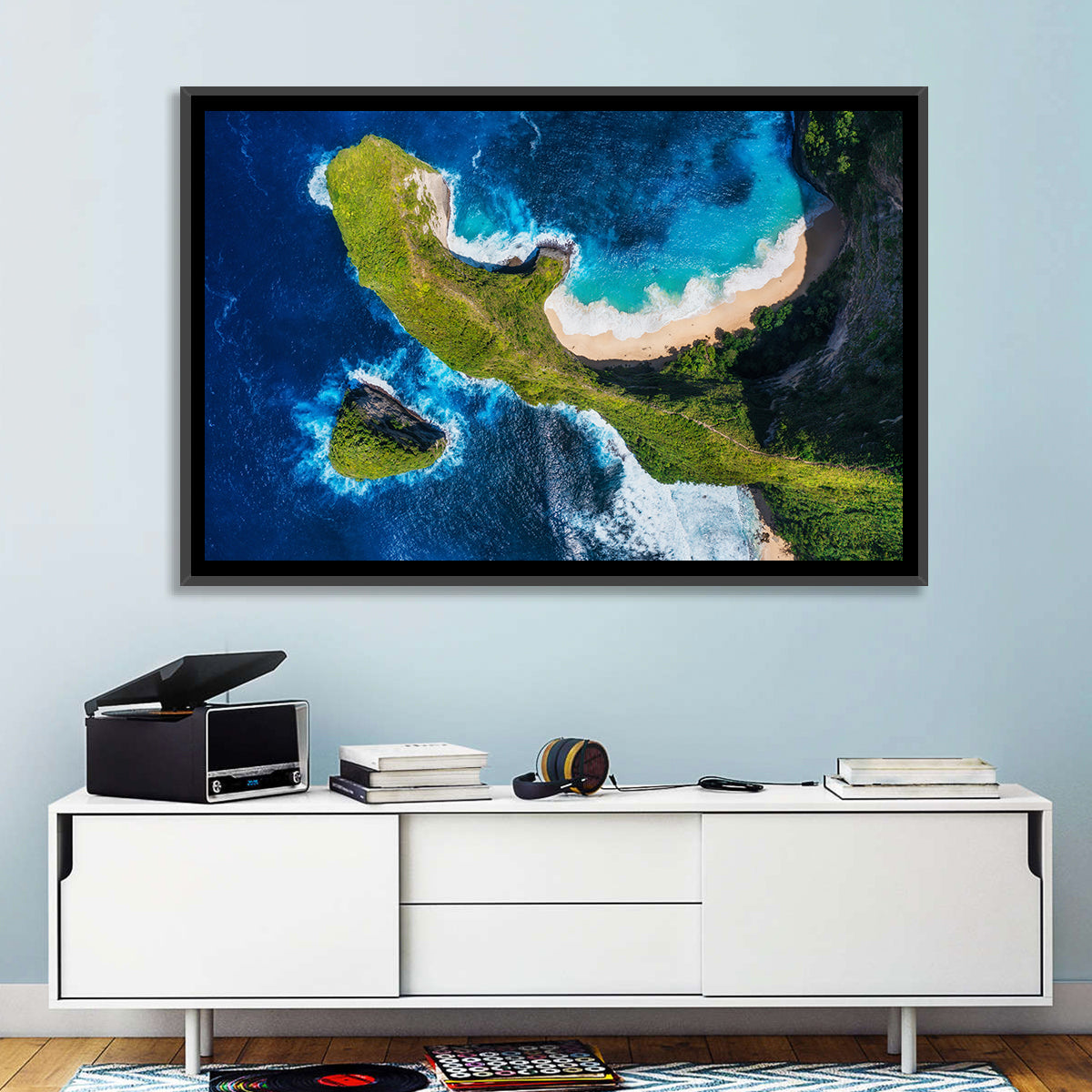 Kelingking Beach Cliffs Wall Art in a room, landscape