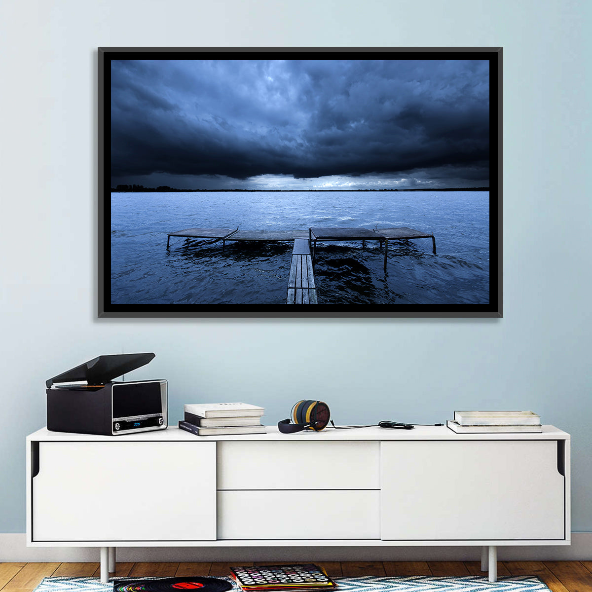 Stormy Lake Pier Wall Art in a room, landscape