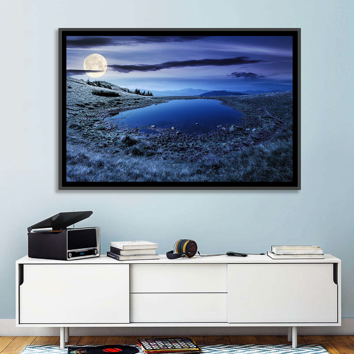 Mountain Lake at Night Wall Art in a room, landscape