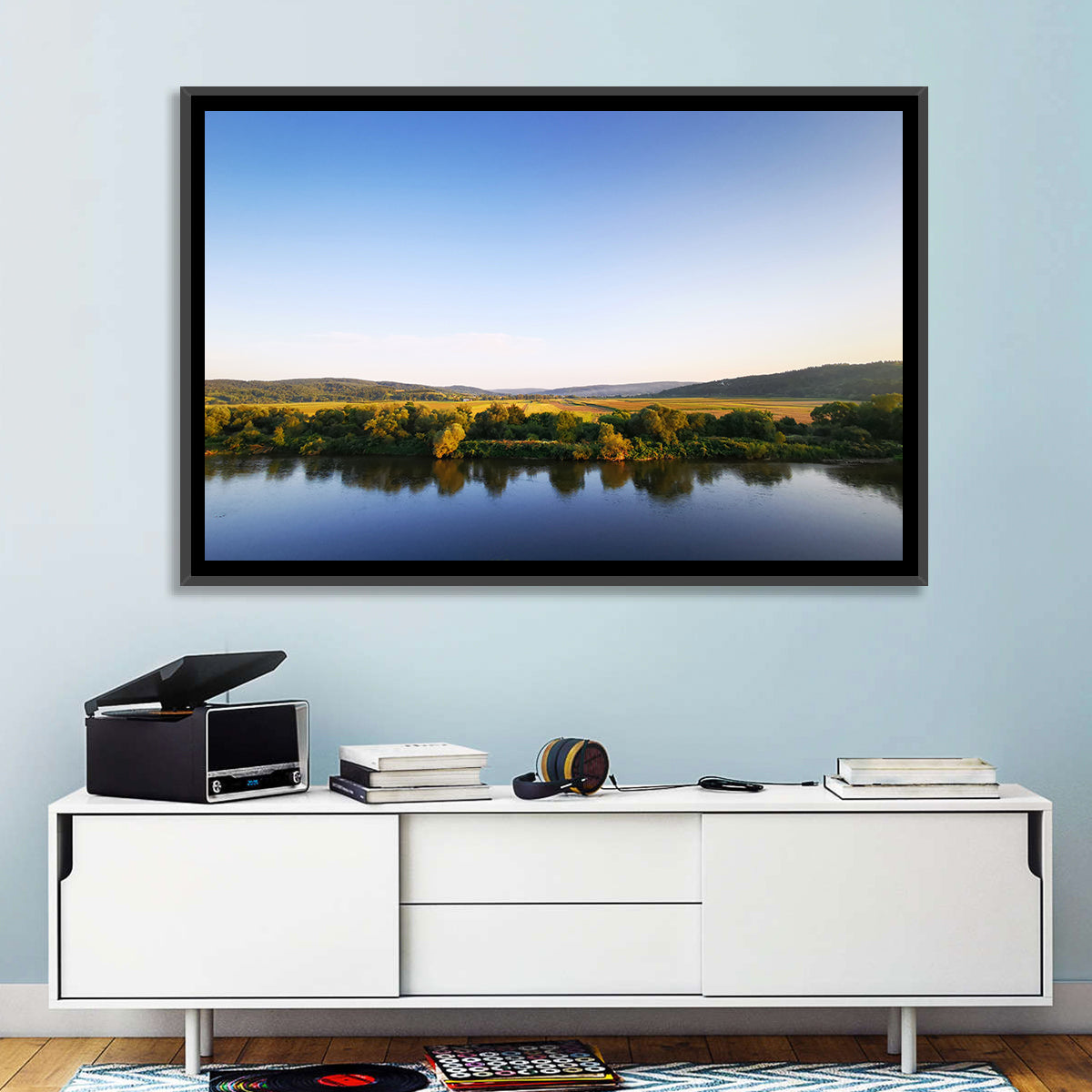 Peaceful River Sunset Wall Art in a room, landscape