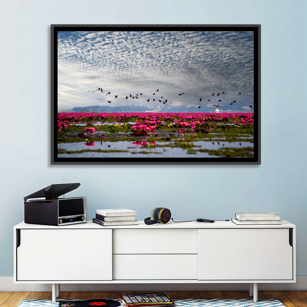 Red Lotus Lake Wall Art in a room, landscape