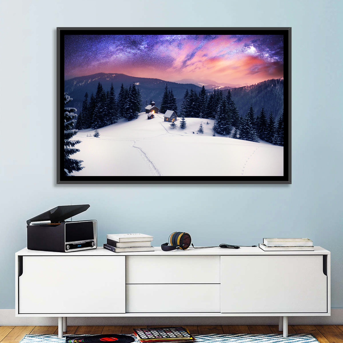 Starry Winter Cabins Under the Milky Way Wall Art in a room, landscape
