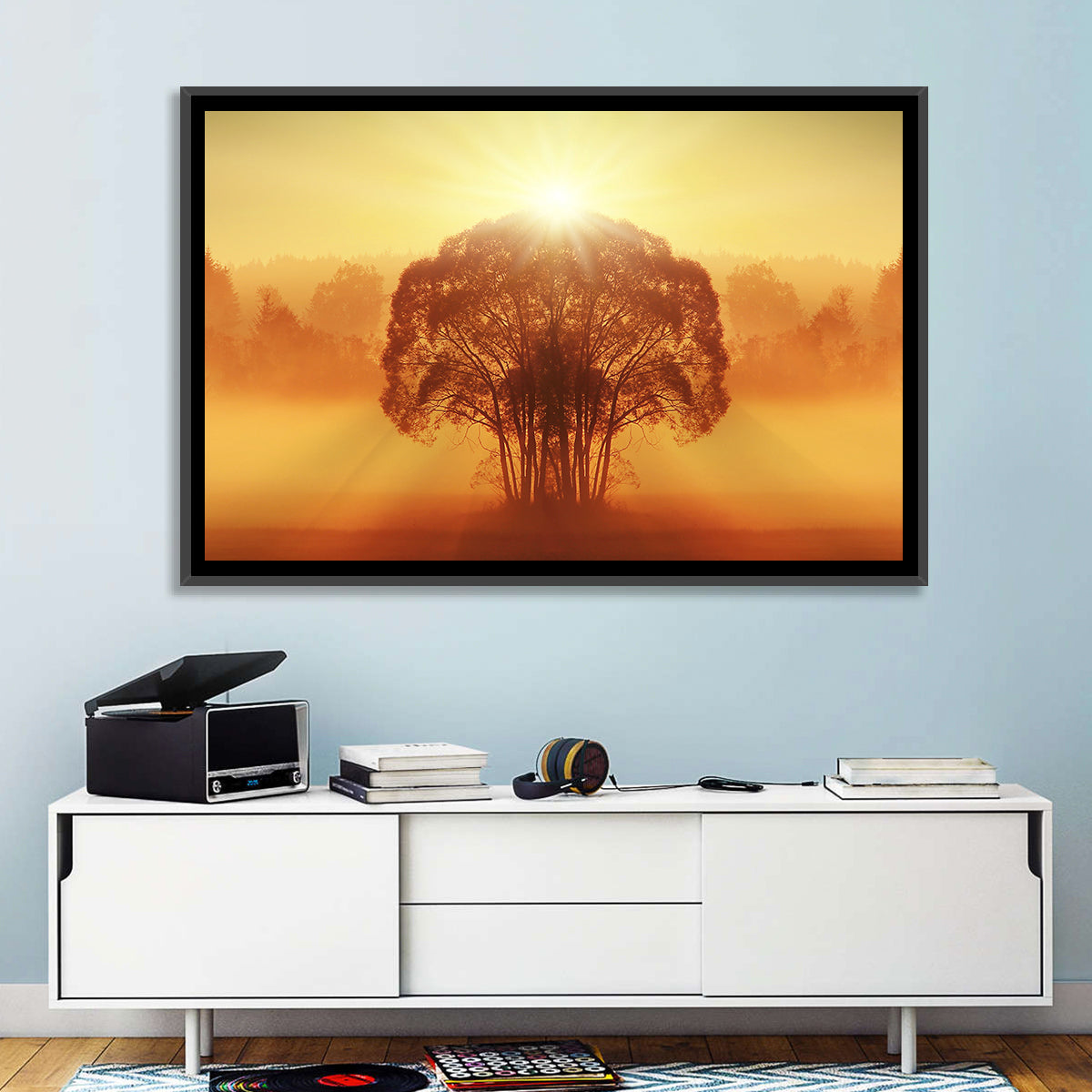 Golden Haze Tree at Sunset Wall Art in a room, landscape