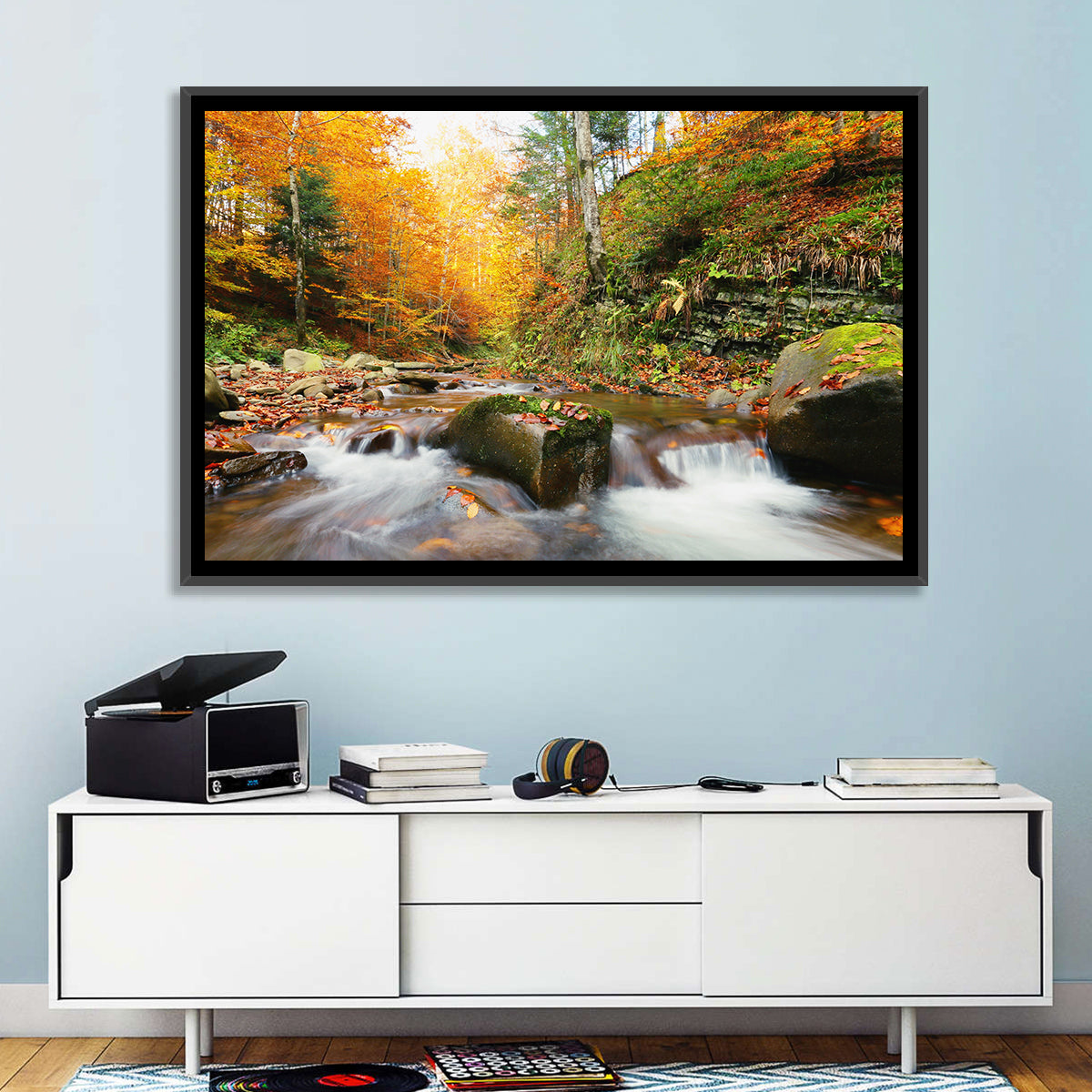 Forest Stream in Autumn Wall Art in a room, landscape