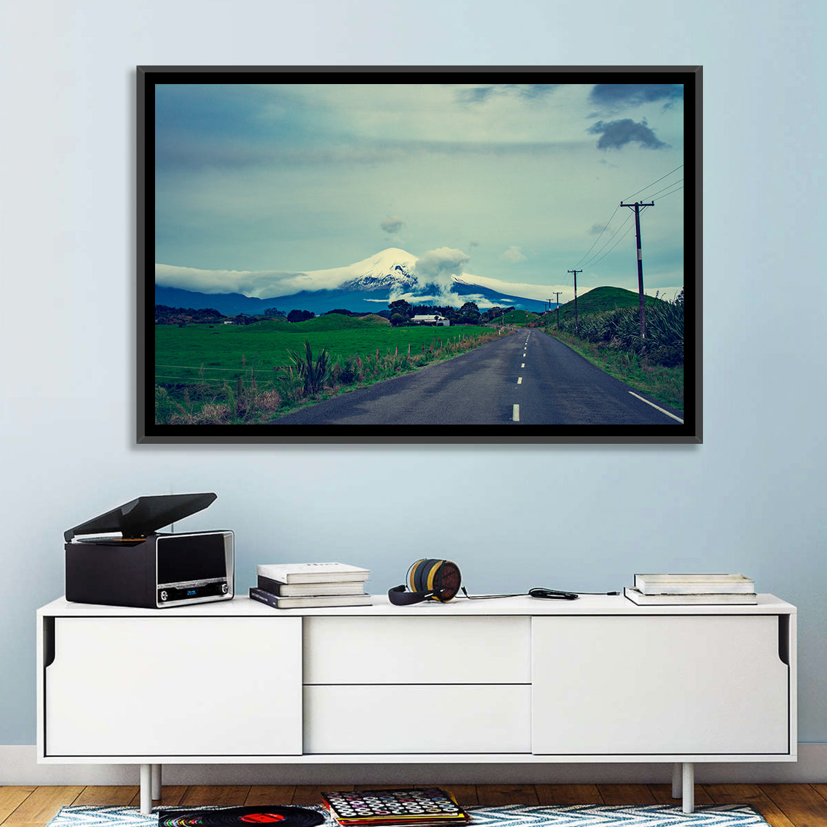 Empty Road to Mount Taranaki Wall Art in a room, landscape