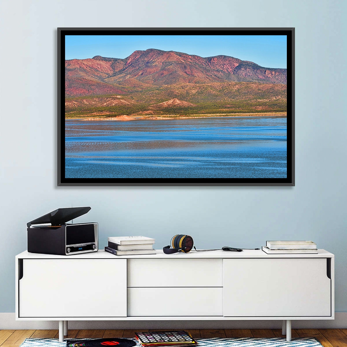 Blue Roosevelt Lake Vista Wall Art in a room, landscape