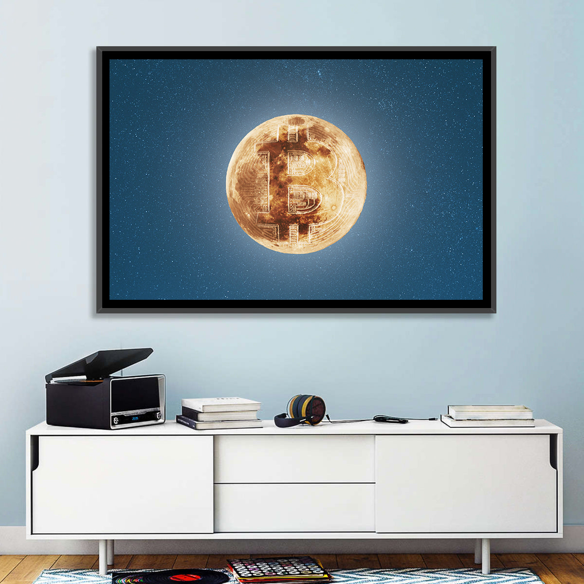 Bitcoin Circuit Moon Wall Art in a room, landscape