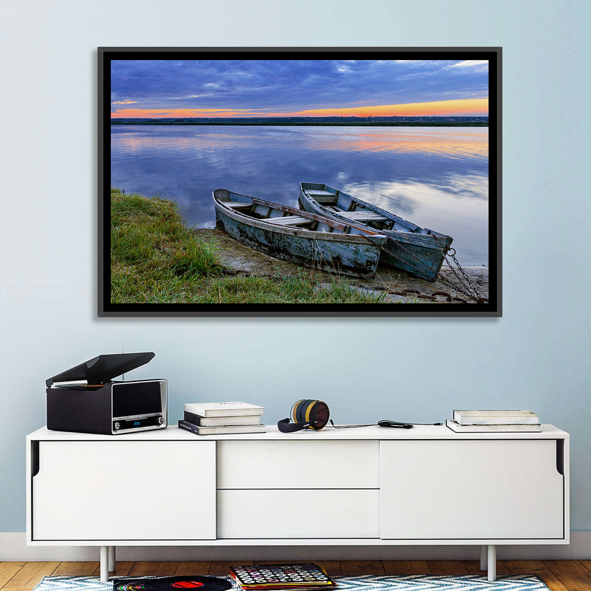 Chained Rowboats at Dusk Wall Art in a room, landscape