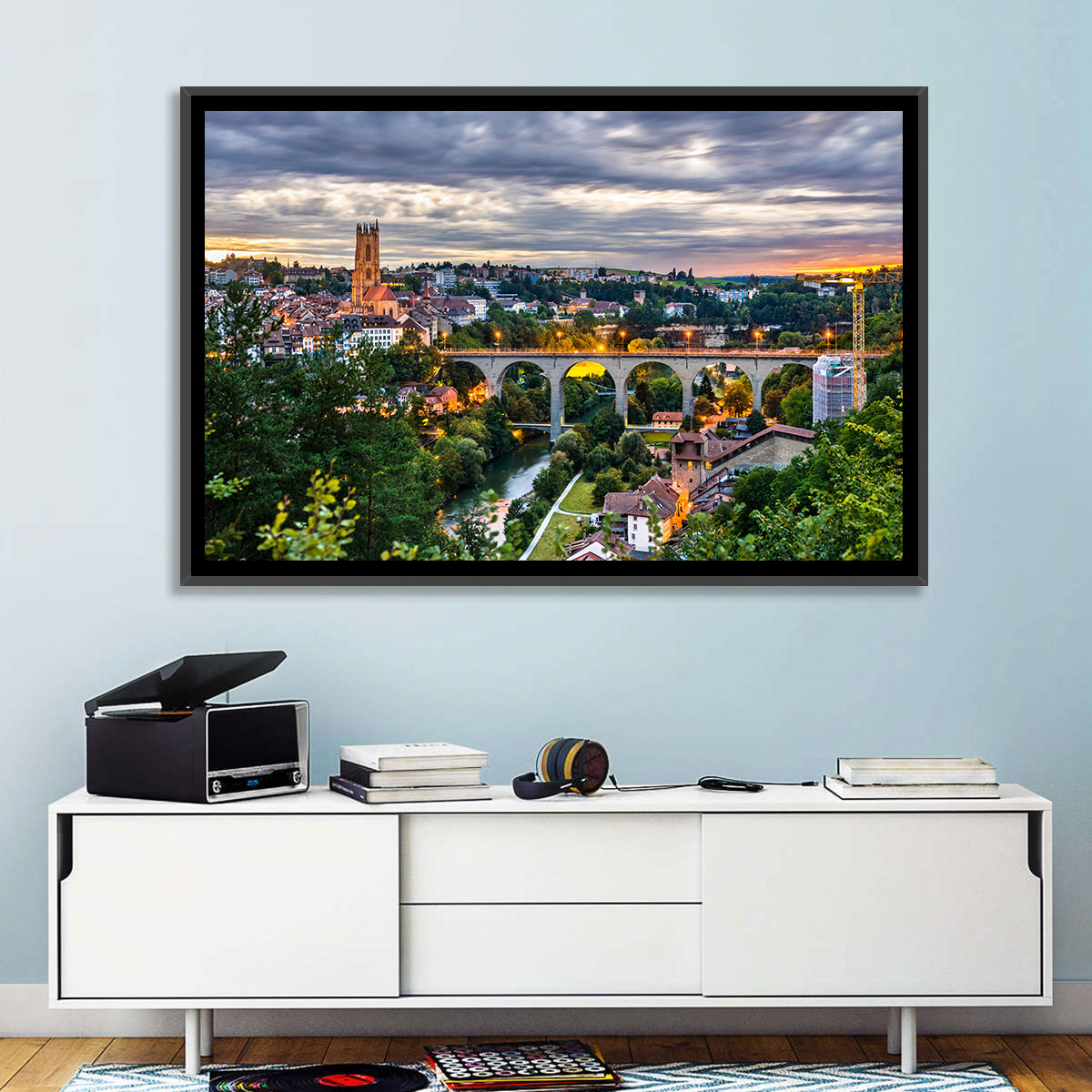 Zähringen Bridge at Twilight, Fribourg Wall Art in a room, landscape