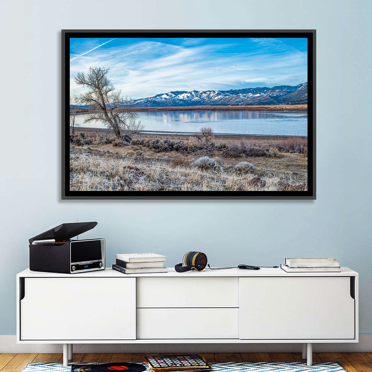 Winter Washoe Lake Morning Wall Art in a room, landscape