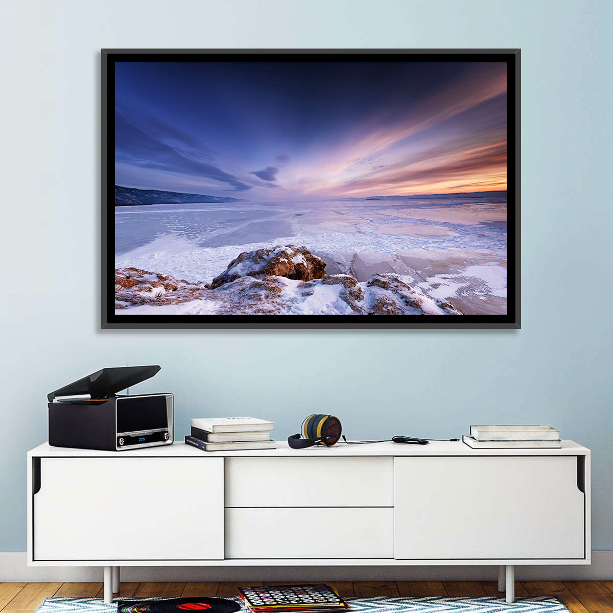 Frozen Lake Ice and Sunset Sky Wall Art in a room, landscape