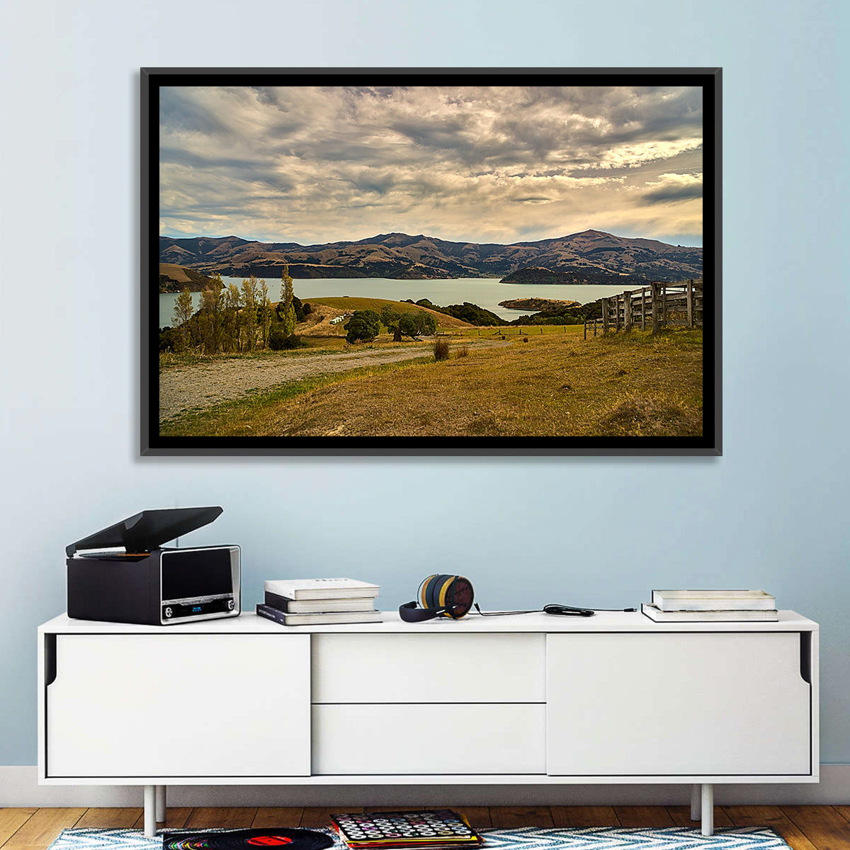 Akaroa Lake Gravel Path View Wall Art in a room, landscape