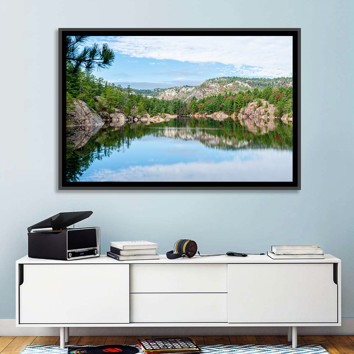 Mirror-quiet Lake and Pines Wall Art in a room, landscape