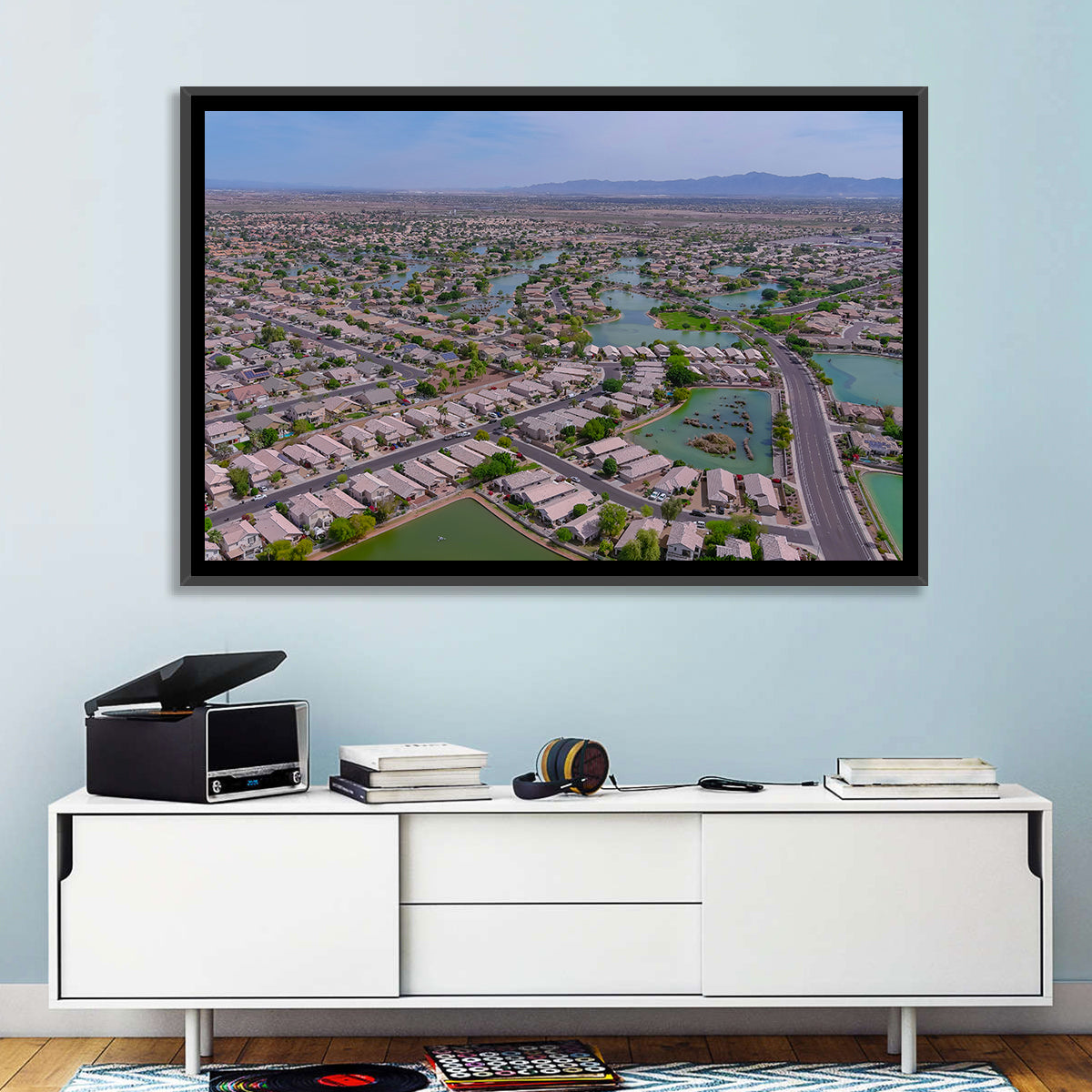 Aerial Desert Suburb with Lakes Wall Art in a room, landscape