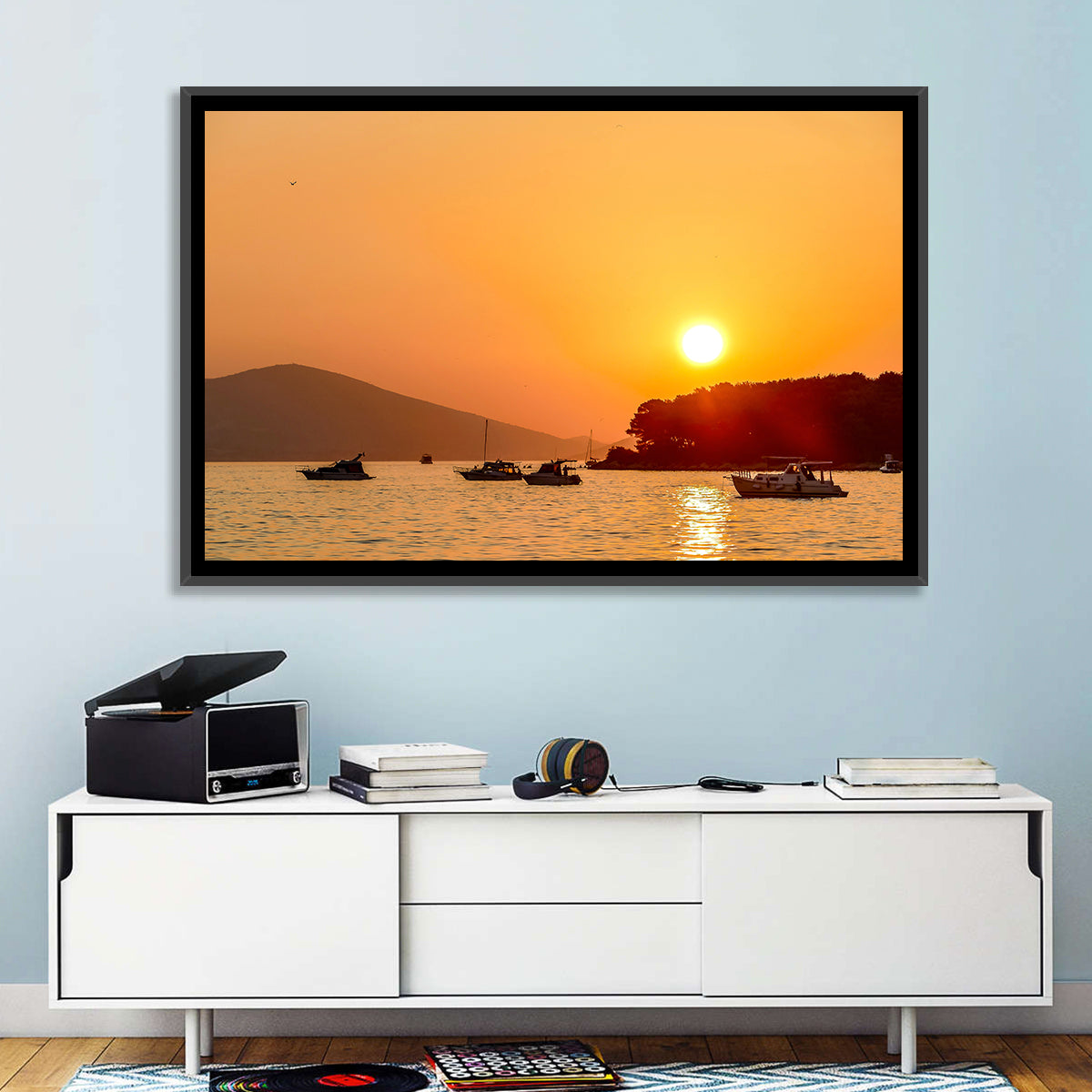 Golden Harbor Sunset Wall Art in a room, landscape