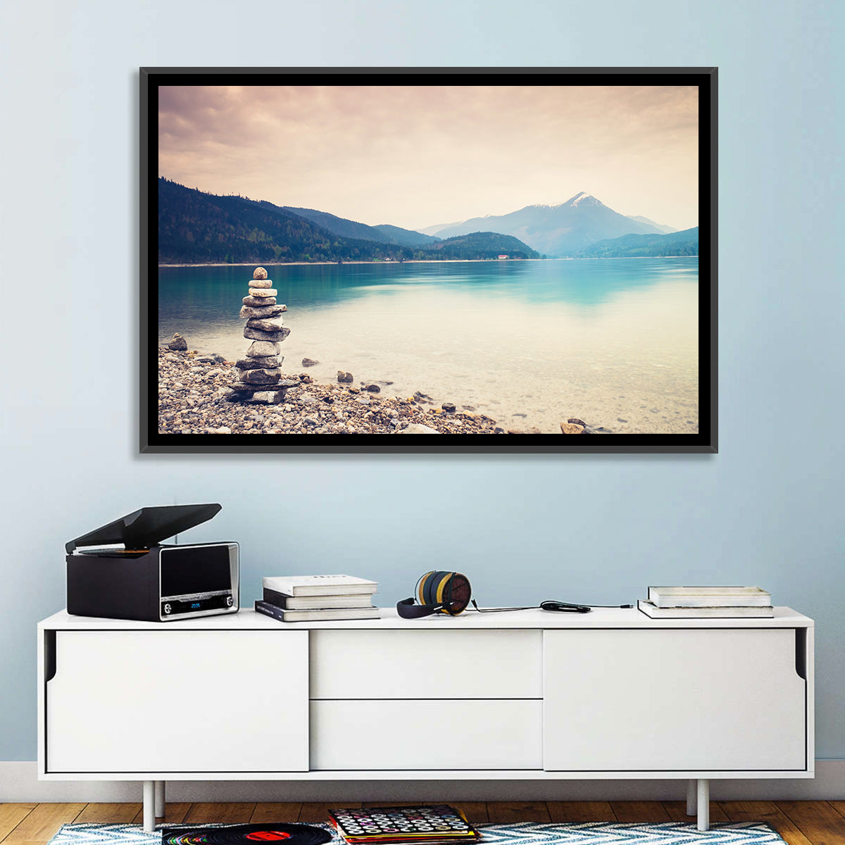 Stone Cairn by a Mountain Lake Wall Art in a room, landscape