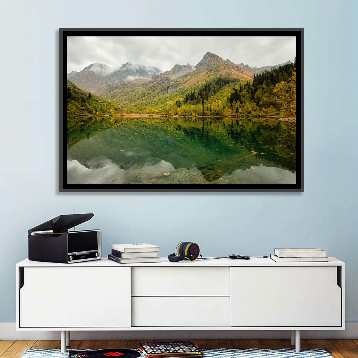 Kardyvach Lake Reflection Under Clouded Peaks Wall Art in a room, landscape