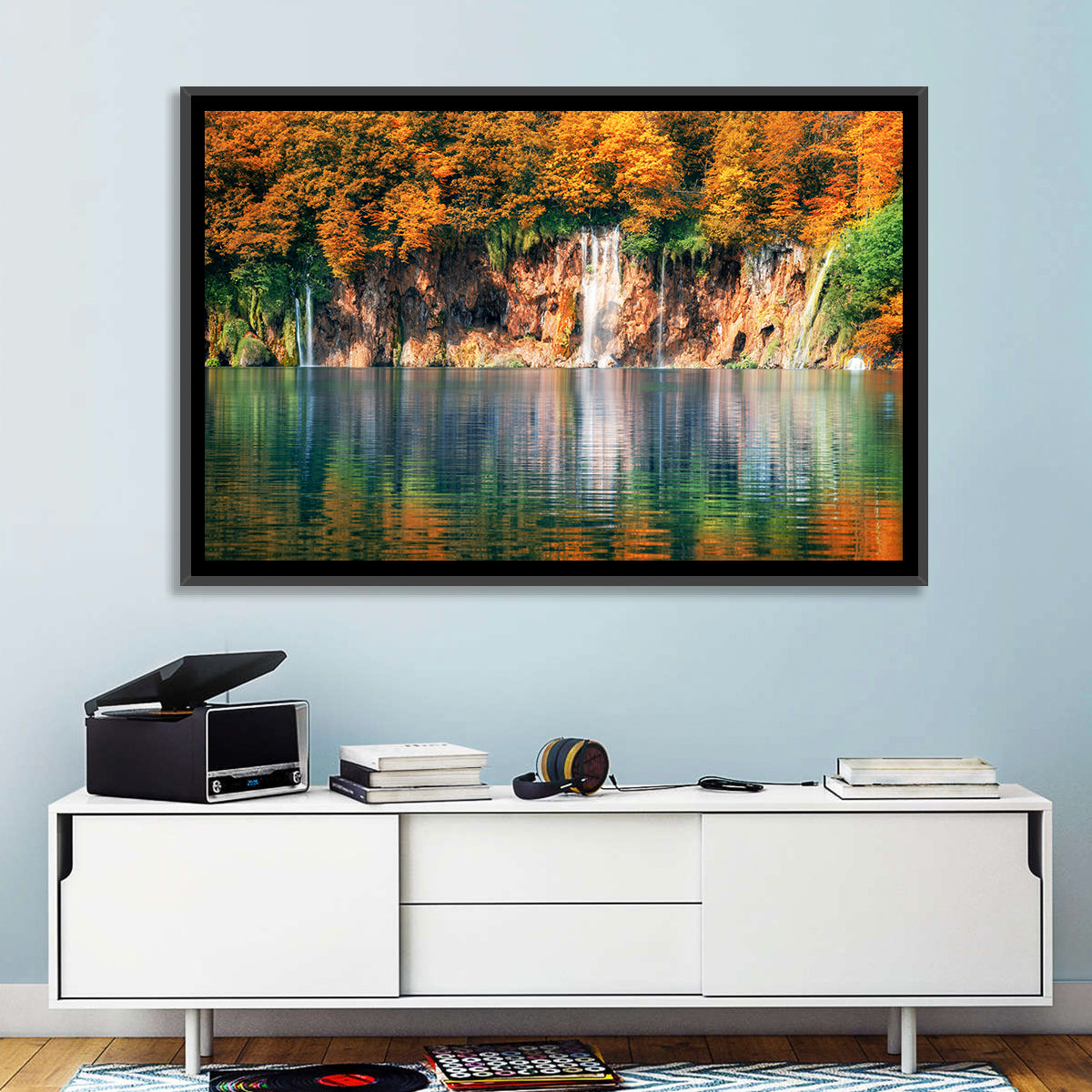 Autumn Reflections at Plitvice Lakes Wall Art in a room, landscape