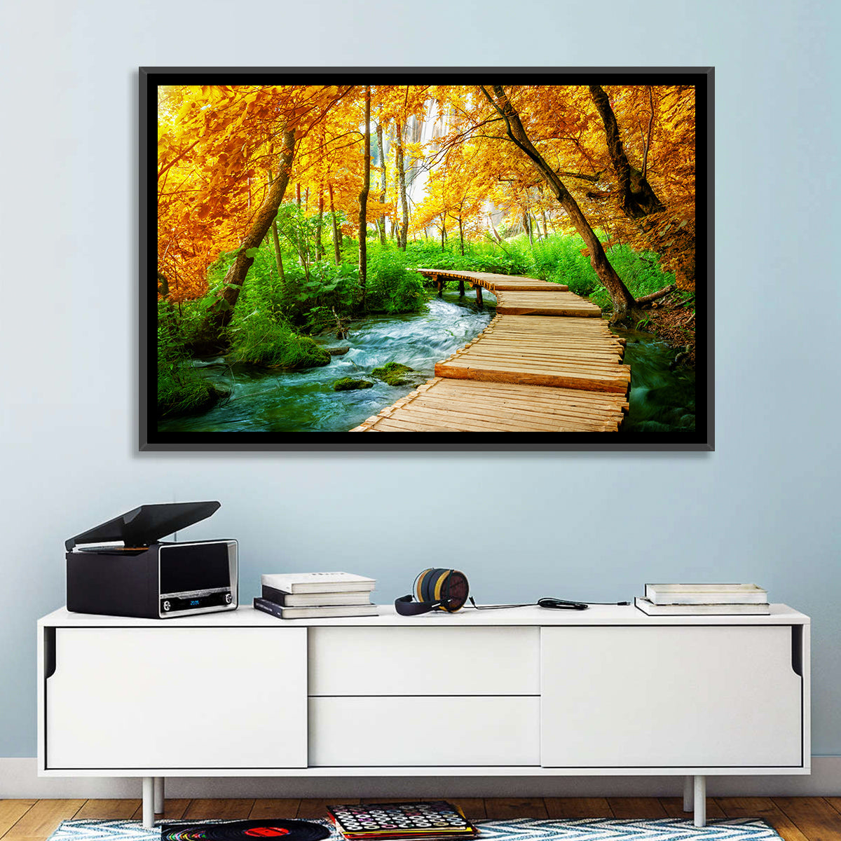 Plitvice Autumn Boardwalk Wall Art in a room, landscape