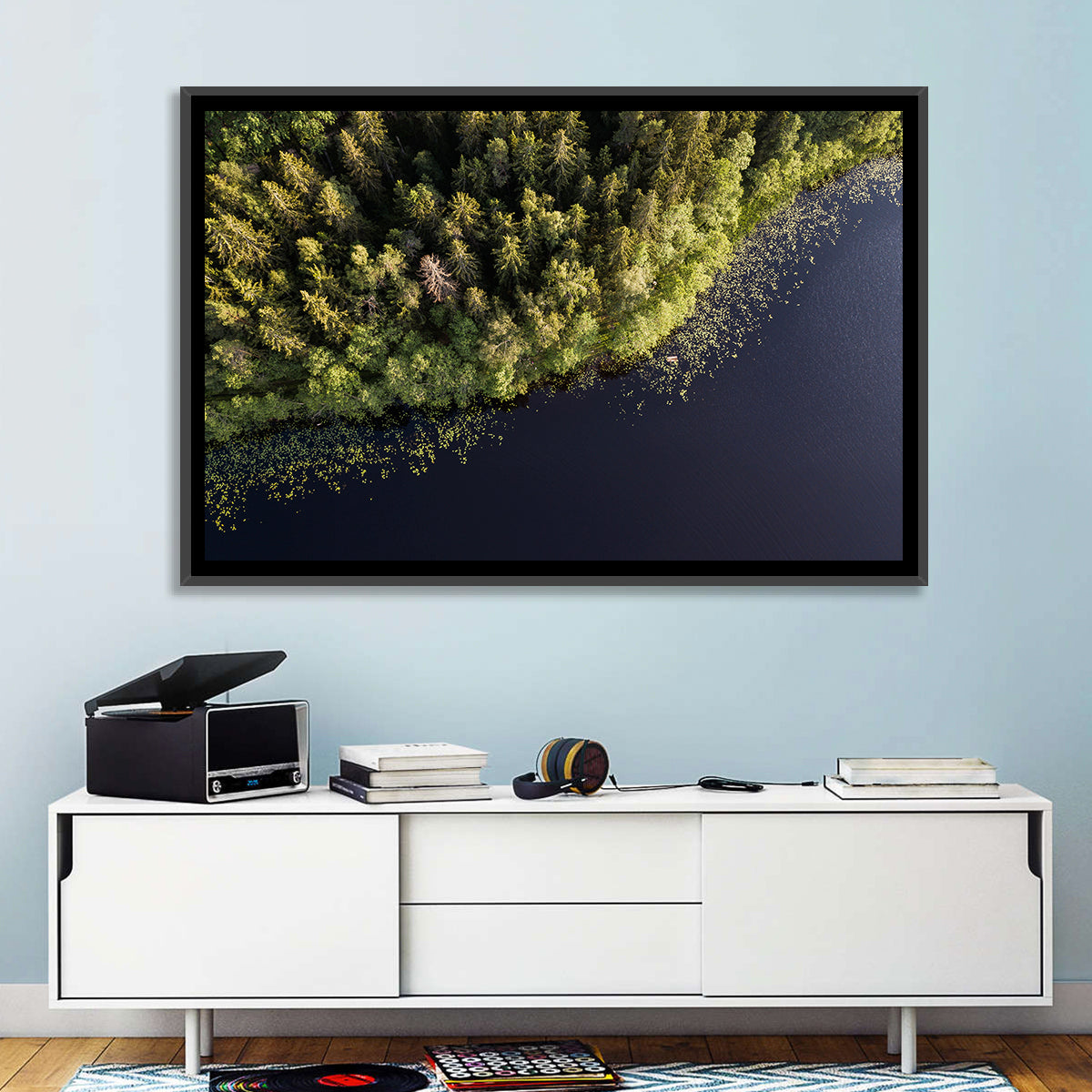 Aerial Lake with Red Boat Wall Art in a room, landscape