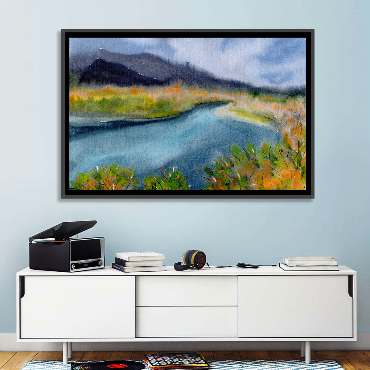 Misty Autumn River and Mountain Landscape Wall Art in a room, landscape