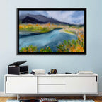 Misty Autumn River and Mountain Landscape Wall Art
